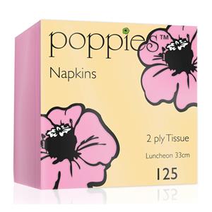 Poppies 125x stuks 2-laags papieren tafelservetten lichtroze 33 x 33 cm -