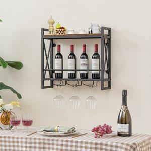costway Wijnrek met 2 Niveaus Houten Flessenrek met 3 Rijen Wijnglazenhouder Industrieel Design Ideaal voor Thuis Bar Keuken Restaurant