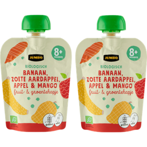 Jumbo umbo Biologisch Fruit & Groentehapje Banaan, Zoete Aardappel, Appel & Mango 8+ Maanden 2x 90g