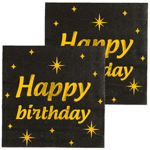 Paperdreams Verjaardag feest servetten - Happy Birthday - 32x stuks - zwart/goud - 17 x 19 cm -
