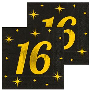 Paperdreams Verjaardag feest servetten - leeftijd 16 jaar - 32x stuks - zwart/goud - sterren - 17 x 19 cm -