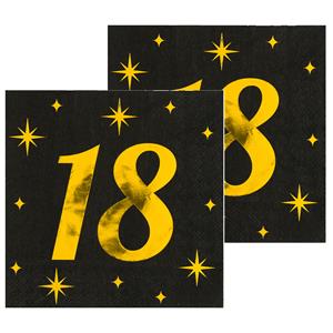 Paperdreams Verjaardag feest servetten - leeftijd 18 jaar - 32x stuks - zwart/goud - sterren - 17 x 19 cm -