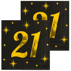 Paperdreams Verjaardag feest servetten - leeftijd 21 jaar - 32x stuks - zwart/goud - sterren - 17 x 19 cm -