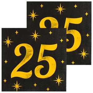 Paperdreams Verjaardag feest servetten - leeftijd 25 jaar - 32x stuks - zwart/goud - sterren - 17 x 19 cm -
