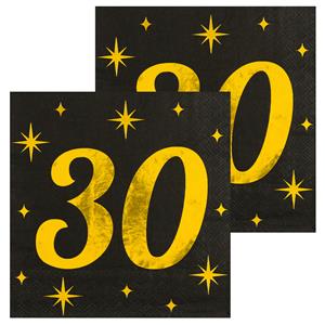 Paperdreams Verjaardag feest servetten - leeftijd 30 jaar - 32x stuks - zwart/goud - sterren - 17 x 19 cm -