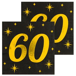 Paperdreams Verjaardag feest servetten - leeftijd 60 jaar - 32x stuks - zwart/goud - sterren - 17 x 19 cm -