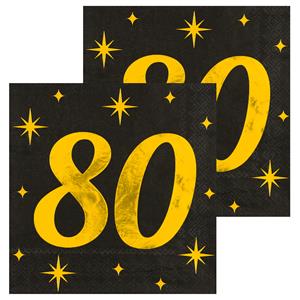 Paperdreams Verjaardag feest servetten - leeftijd 80 jaar - 32x stuks - zwart/goud - sterren - 17 x 19 cm -
