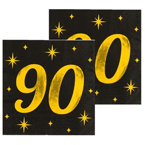 Paperdreams Verjaardag feest servetten - leeftijd 90 jaar - 32x stuks - zwart/goud - sterren - 17 x 19 cm -