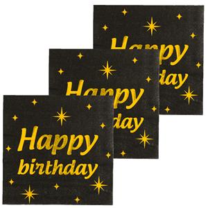 Paperdreams Verjaardag feest servetten - Happy Birthday - 48x stuks - zwart/goud - 17 x 19 cm -