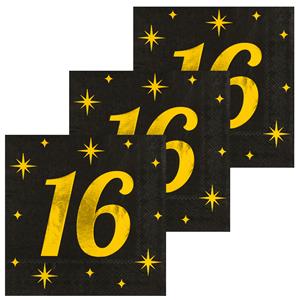 Paperdreams Verjaardag feest servetten - leeftijd 16 jaar - 48x stuks - zwart/goud - sterren - 17 x 19 cm -