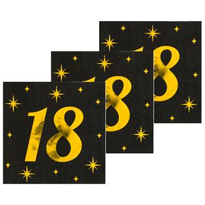 Paperdreams Verjaardag feest servetten - leeftijd 18 jaar - 48x stuks - zwart/goud - sterren - 17 x 19 cm -