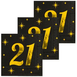 Paperdreams Verjaardag feest servetten - leeftijd 21 jaar - 48x stuks - zwart/goud - sterren - 17 x 19 cm -