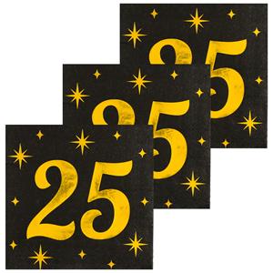 Paperdreams Verjaardag feest servetten - leeftijd 25 jaar - 48x stuks - zwart/goud - sterren - 17 x 19 cm -