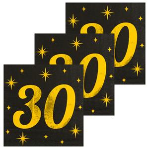Paperdreams Verjaardag feest servetten - leeftijd 30 jaar - 48x stuks - zwart/goud - sterren - 17 x 19 cm -