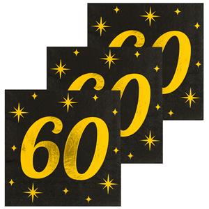 Paperdreams Verjaardag feest servetten - leeftijd 60 jaar - 48x stuks - zwart/goud - sterren - 17 x 19 cm -