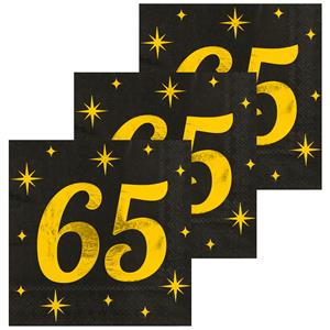 Paperdreams Verjaardag feest servetten - leeftijd 65 jaar - 48x stuks - zwart/goud - sterren - 17 x 19 cm -
