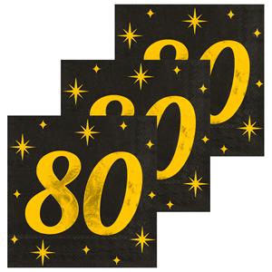 Paperdreams Verjaardag feest servetten - leeftijd 80 jaar - 48x stuks - zwart/goud - sterren - 17 x 19 cm -