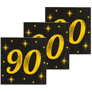 Paperdreams Verjaardag feest servetten - leeftijd 90 jaar - 48x stuks - zwart/goud - sterren - 17 x 19 cm -