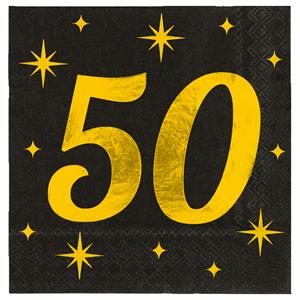 Paperdreams Verjaardag of Abraham/Sarah-feest servetten - leeftijd 50 jaar - 16x stuks - zwart/goud - 17 x 19 cm -
