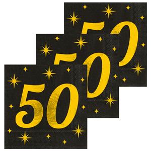 Paperdreams Verjaardag of Abraham/Sarah-feest servetten - leeftijd 50 jaar - 48x stuks - zwart/goud - 17 x 19 cm -