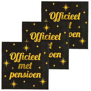 Paperdreams Verjaardag feest servetten - Officieel met Pensioen - 48x stuks - zwart/goud - 17 x 19 cm -