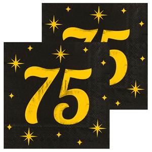 Paperdreams Verjaardag feest servetten - leeftijd 75 jaar - 32x stuks - zwart/goud - sterren - 17 x 19 cm -