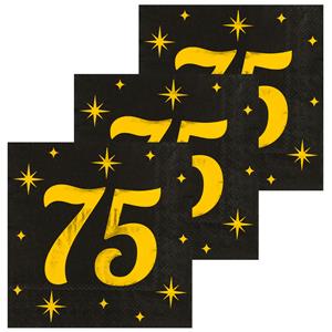 Paperdreams Verjaardag feest servetten - leeftijd 75 jaar - 48x stuks - zwart/goud - sterren - 17 x 19 cm -