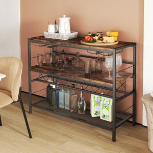Costway Huisbar Kast met 4 Rijen Glashouder en Wijnrek voor 7 Wijnflessen Keukenrek 4 Niveaus Metalen Frame voor Keuken Woonkamer Bruin
