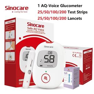 SINOCARE Safe AQ-Voice bloedglucosemeter met 25/50/100 teststrips en lancetten Diabetes testkit Stemherinnering en lichtwaarschuwing 1 mg/dL meter+25 strips