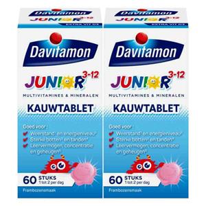 Davitamon Gratis Verzending: 2x  Junior 3+ Kauwvitamines Framboos 60 kauwtabletten