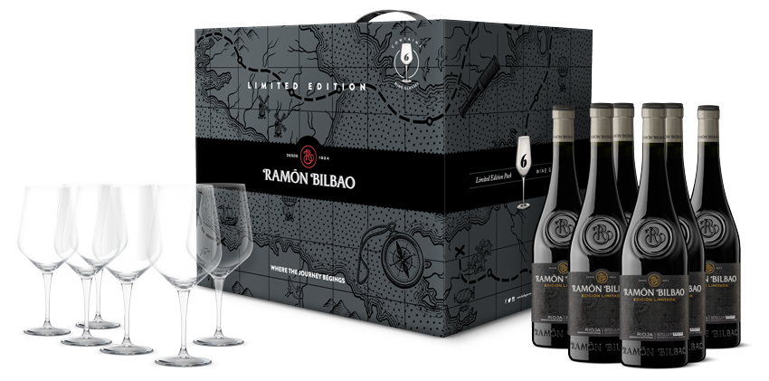 Bodegas Ramon Bilbao 6 flessen 75 cl. Ramón Bilbao Edición Limitada in een luxe doos met 6 Ramon Bilbao wijnglazen