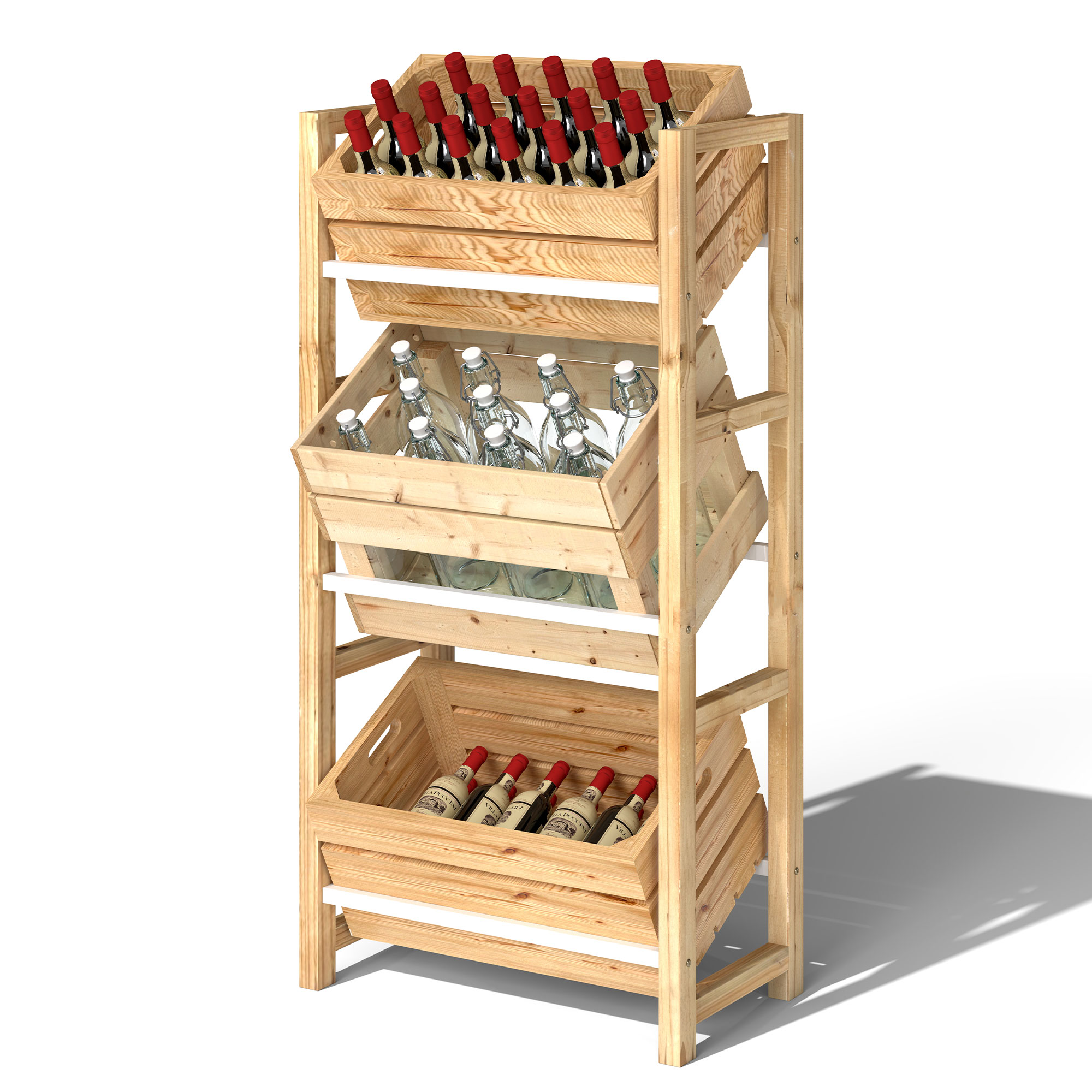 Outsunny Houten Drankkrattenrek met 3 Niveaus voor 3 Drankkratten - 56 x 32 x 112 cm, Natuurlijk Hout