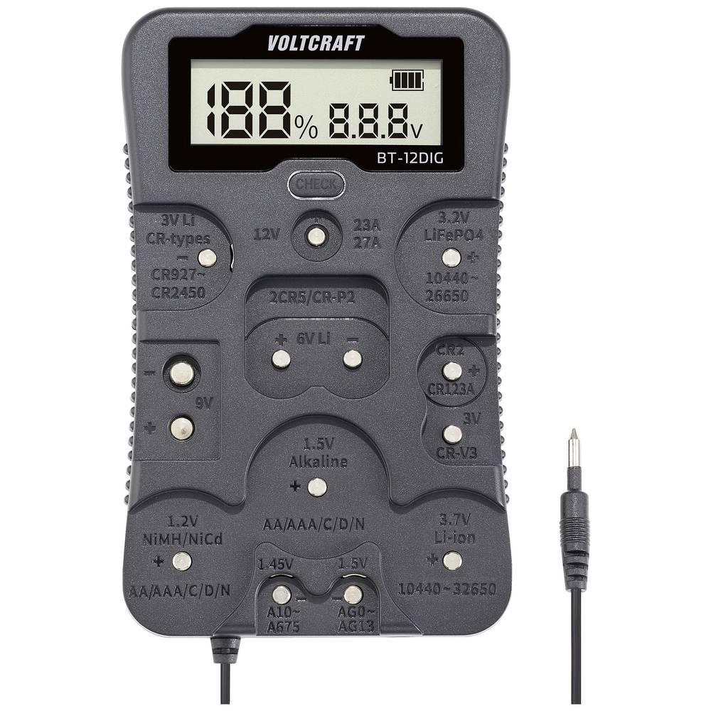 Batterijtester BT-12DIG Meetbereik (batterijtester) 1.2 V, 1.5 V, 3 V, 3.7 V, 6 V, 9 V, 12 V Batterij, Oplaadbare batterij VC-14340820