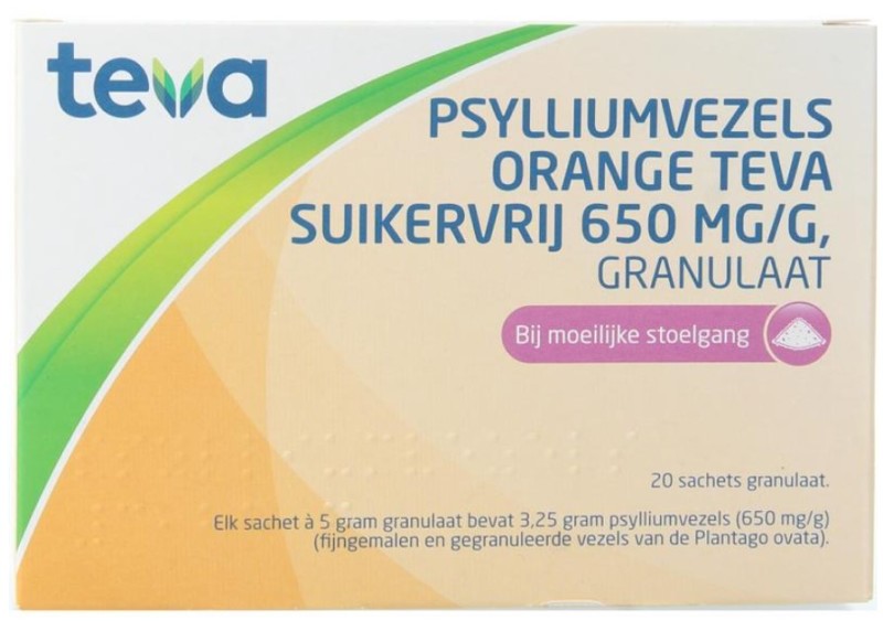 Teva Psylliumvezels orange suikervrij 650mg/g 20 sachets