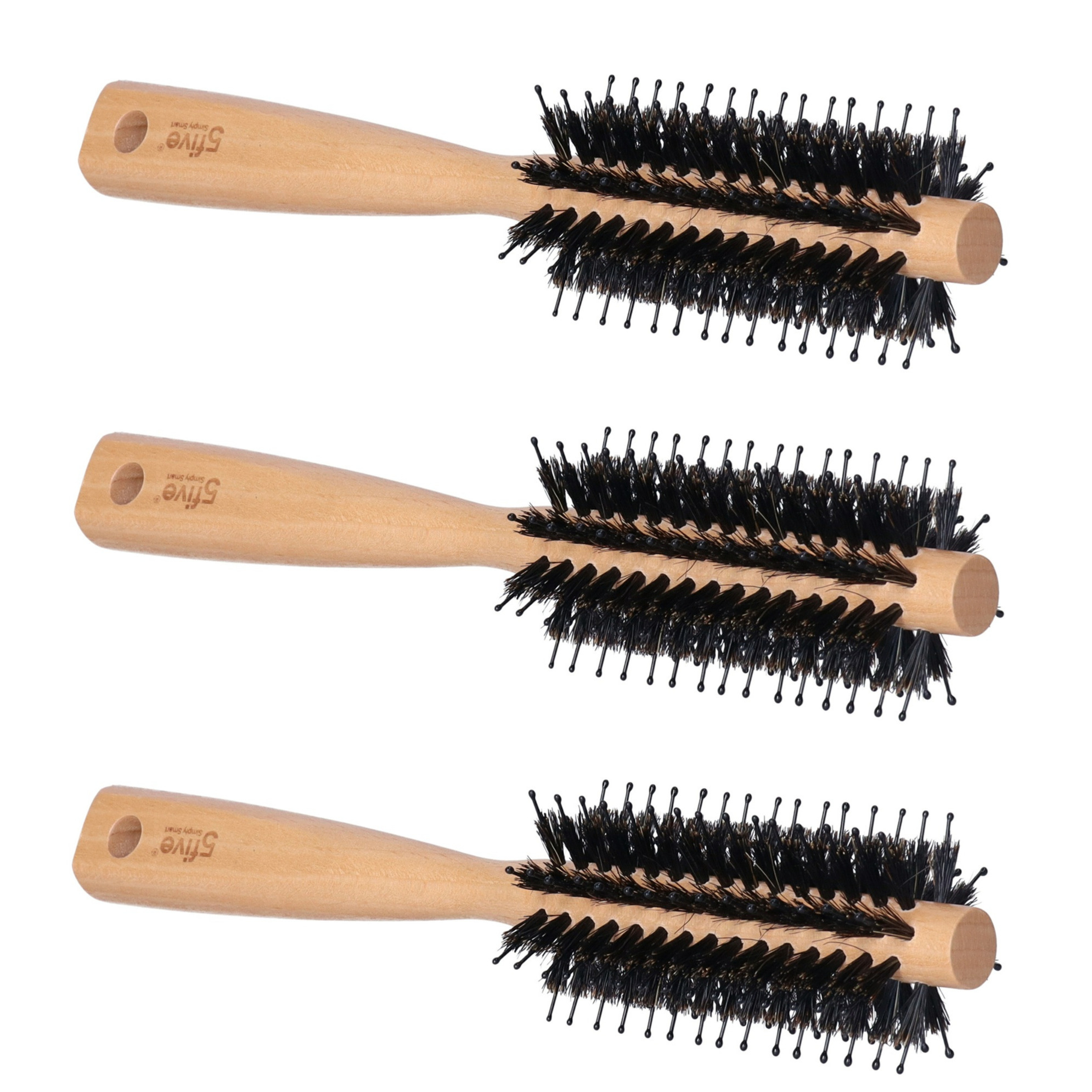 5five Haarborstel - 3x - rond - naturel met varkenshaar en kunststof pinnen - 24 cm - hout -