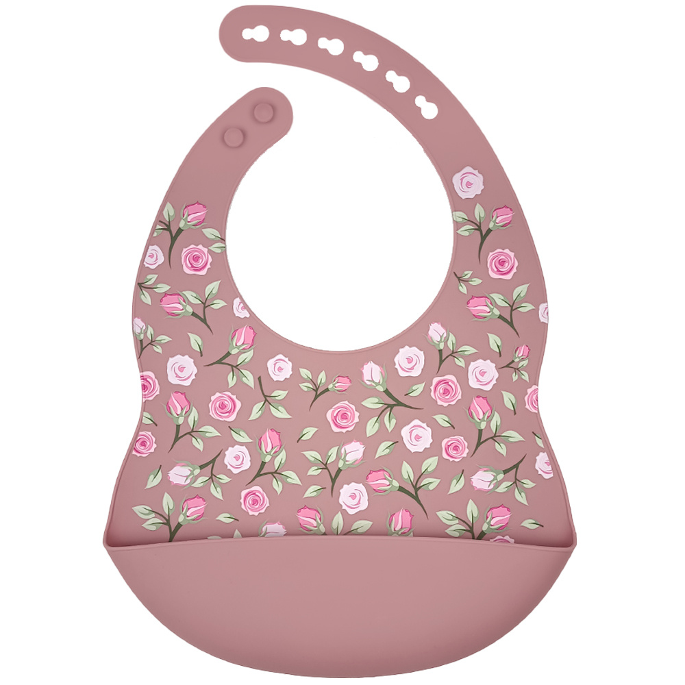  Siliconen - Baby Slabbetje - Met opvangbakje - Roses - Roze