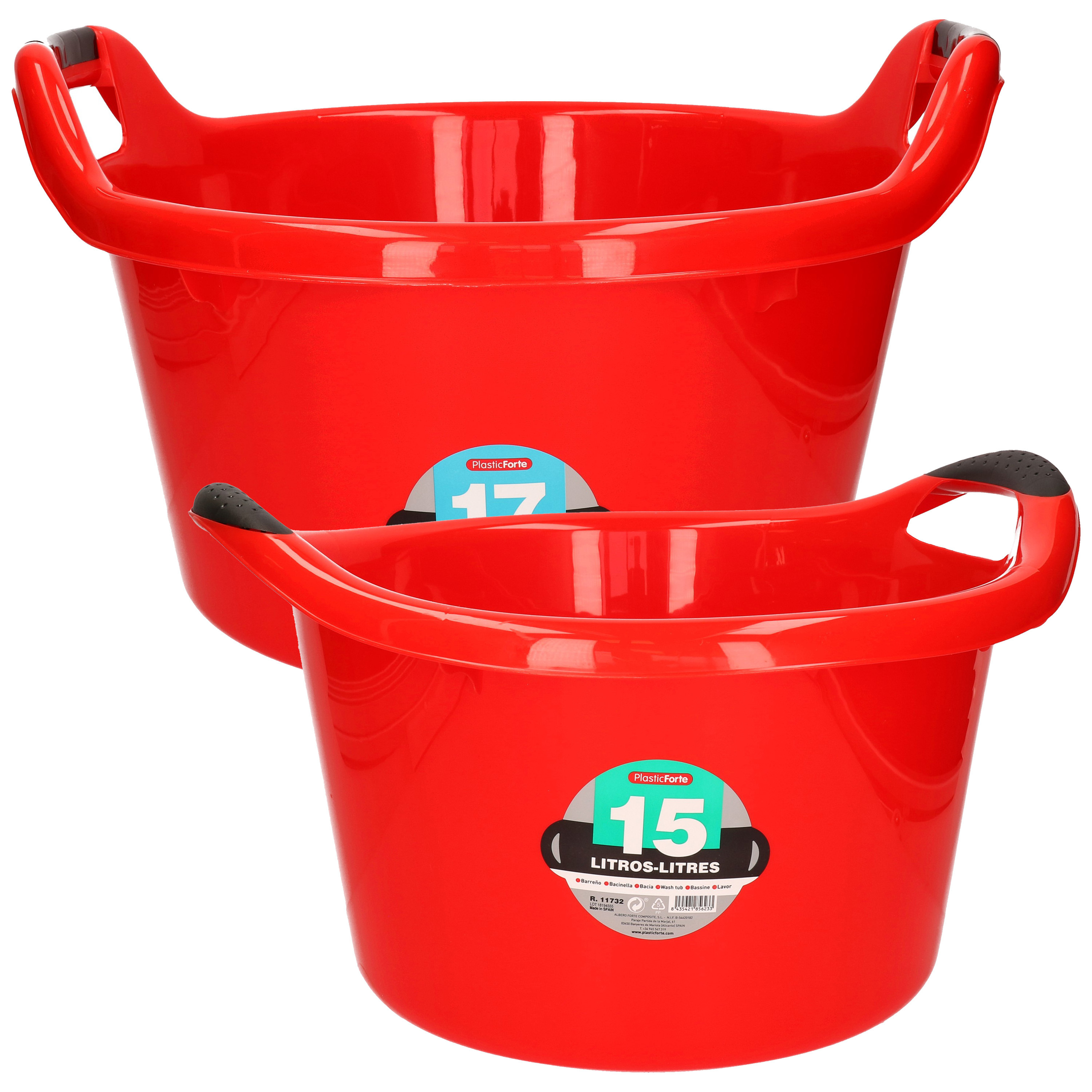 Forte Plastics Afwasbak teil - set van 2 formaten - 15 en 17 liter - rood - kunststof -