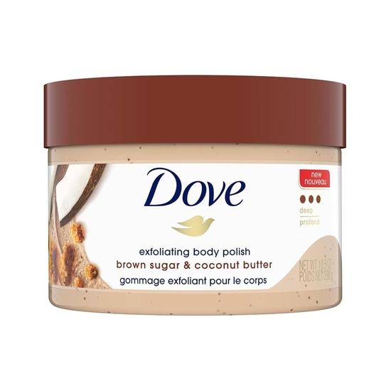 DOVE Exfoliërende Body Polish Scrub Droge Huid Bruine Suiker & Kokosboter,Exfolieert Zacht & Hydrateert Direct Zacht & Sulfaatvrij,Kokosgeur,298G