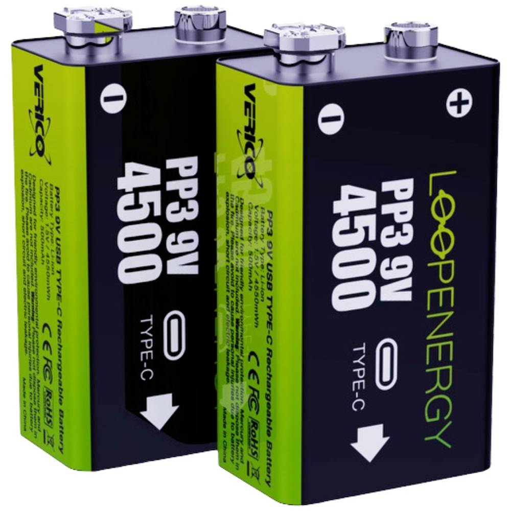 Oplaadbare 9V batterij (blok) LoopEnergy USB-C Li-ion 7.4 V 500 mAh 2 stuk(s)