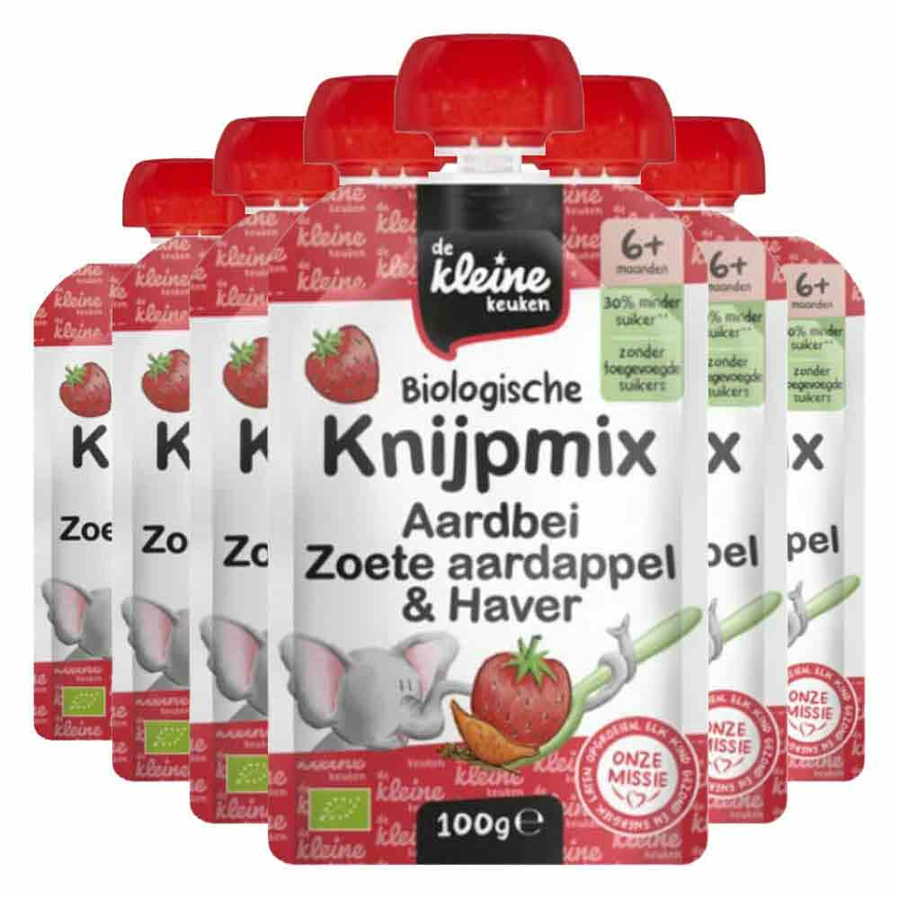 De Kleine Keuken 6x  Biologische Knijpmix Aardbei, Zoete aardappel&Haver 100 gr