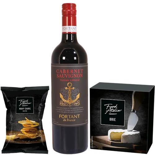 Kerstgeschenk Rode wijn - brie - chips