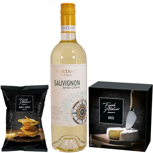 Kerstgeschenk Witte wijn - brie - chips