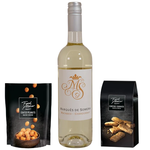 Kerstgeschenk witte-wijn-kaaskoekjes-borrelnootjes