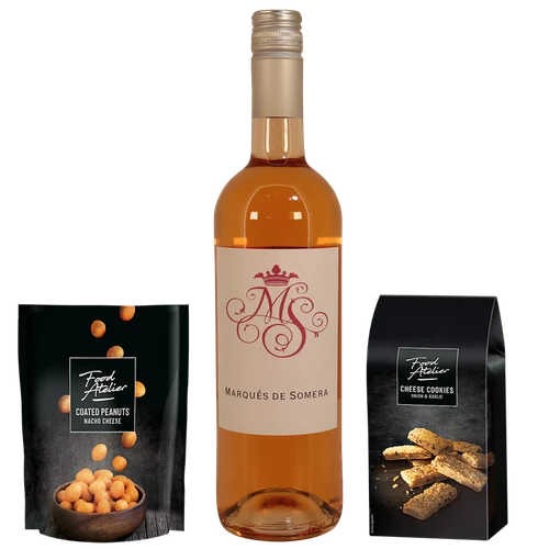 Kerstgeschenk rosé-wijn-kaaskoekjes-borrelnootjes