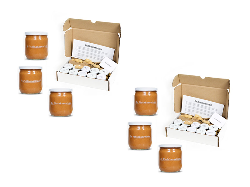 2 Proefpakketten plus 6 potten pindakaas (2x Chilipeper Citroengras, 2x Dadel Kaneel en 2x Karamel Zeezout)