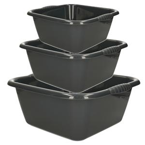 PlasticForte 3x huishoud teilen set - afwasbak - kunststof - 6-10-15 liter - antraciet - schoonmaken -