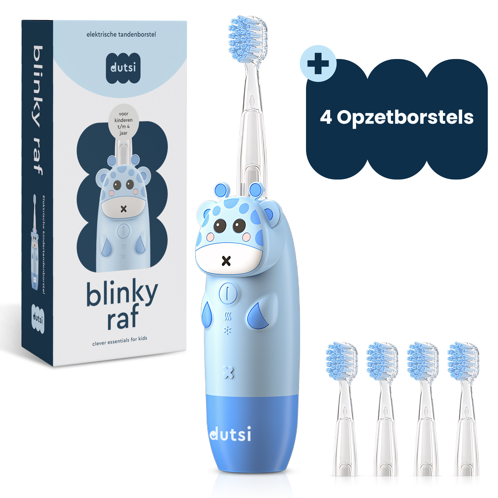 Dutsi  Blinky Raf - Sonische Kindertandenborstel - 0 t/m 6 jaar - Baby Tandenborstel - Met Timer, Lichtshow & Oplaadbaar - Inclusief 4 Opzetborstels & Poetsdiploma - Blauw