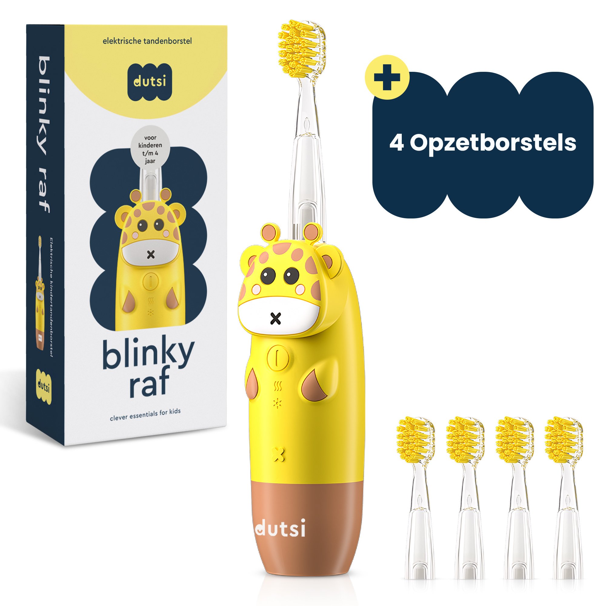 Dutsi  Blinky Raf - Sonische Kindertandenborstel - 0 t/m 6 jaar - Baby Tandenborstel - Met Timer, Lichtshow & Oplaadbaar - Inclusief 4 Opzetborstels & Poetsdiploma - Geel