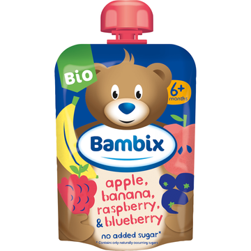 Bambix ambix Knijpzakje Appel, Banaan, Framboos & Blauwe Bes Bio 6M+ 100g bij Jumbo