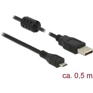 delock USB Micro B naar USB-A kabel - USB2.0 - tot 2A / zwart - 0,50 meter